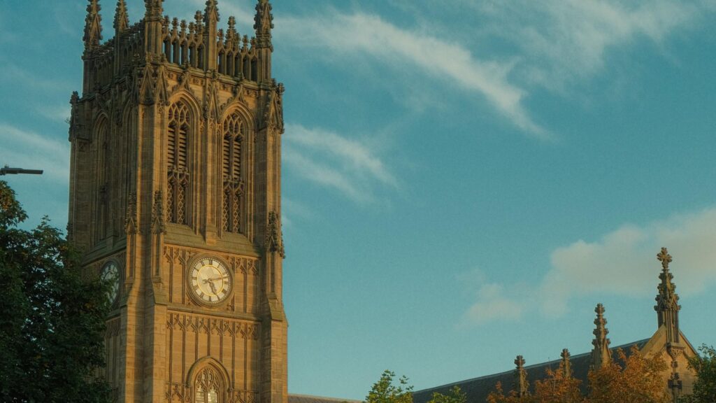 Leeds Minster clock tower in the sun