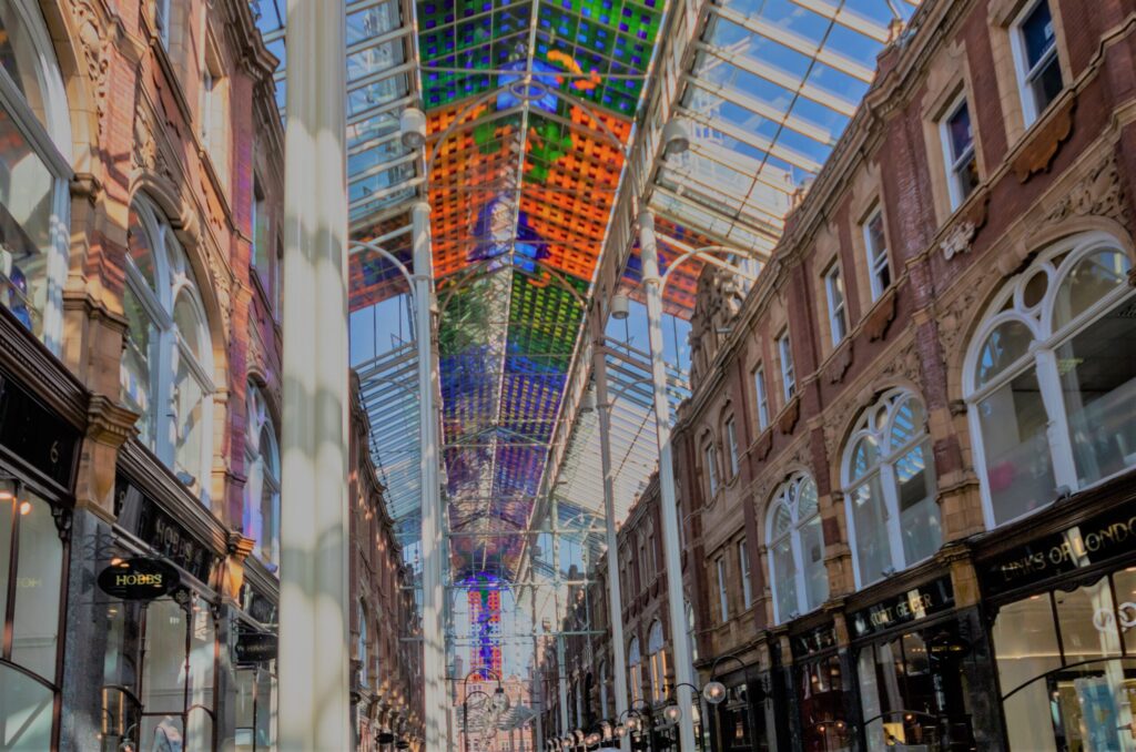 The beautiful stained glass roof in the Victoria Quarter