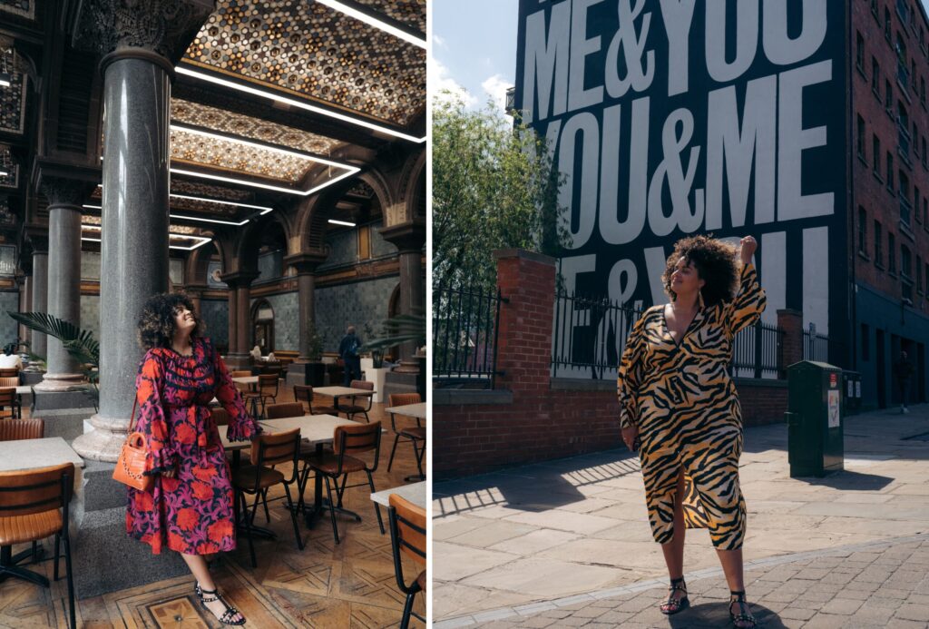 Laura Bartlett at Tiled Hall and in front of street art.