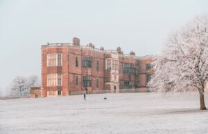 A snow covered tree and grass in front of Temple Newsam House