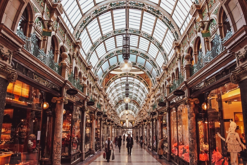 Picture of Victorian Arcade in Leeds, window ceiling and gold adornment, luxury shops