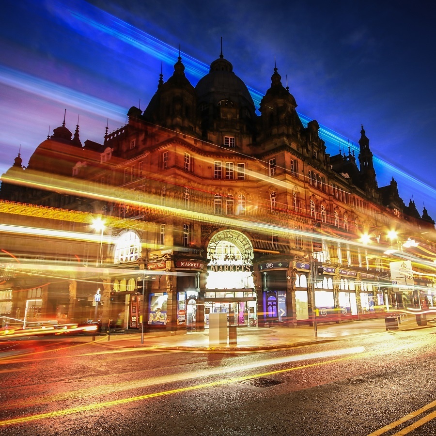 Picture of outside Leeds Kirkgate Market at night