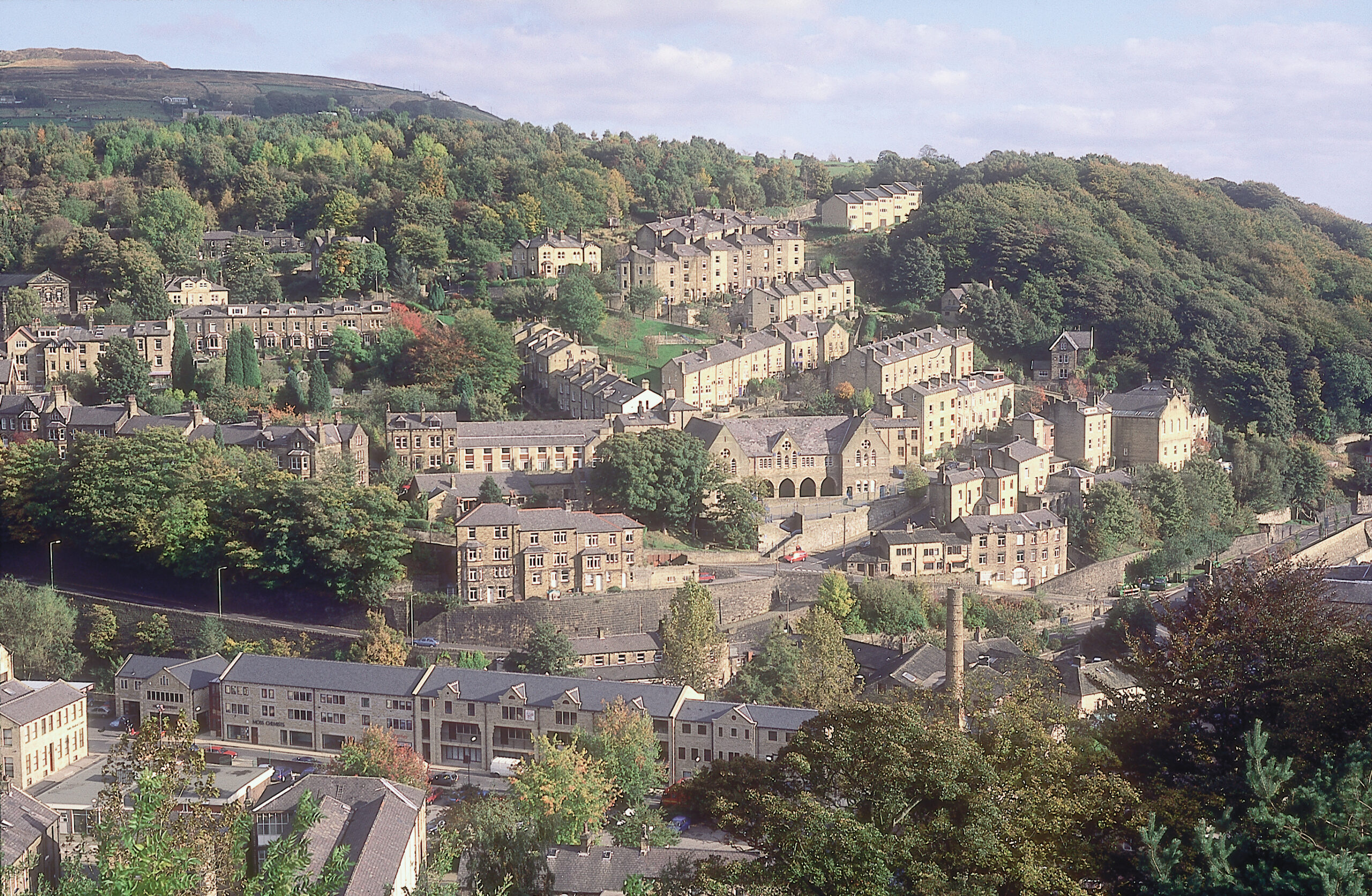 Aerial view of Hebden Bridge houses on the hill