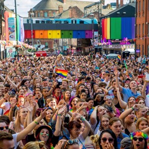 Image of very big crowd celebrating at Leeds Pride parade.