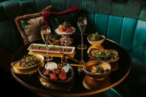 a table with food and drinks laid out