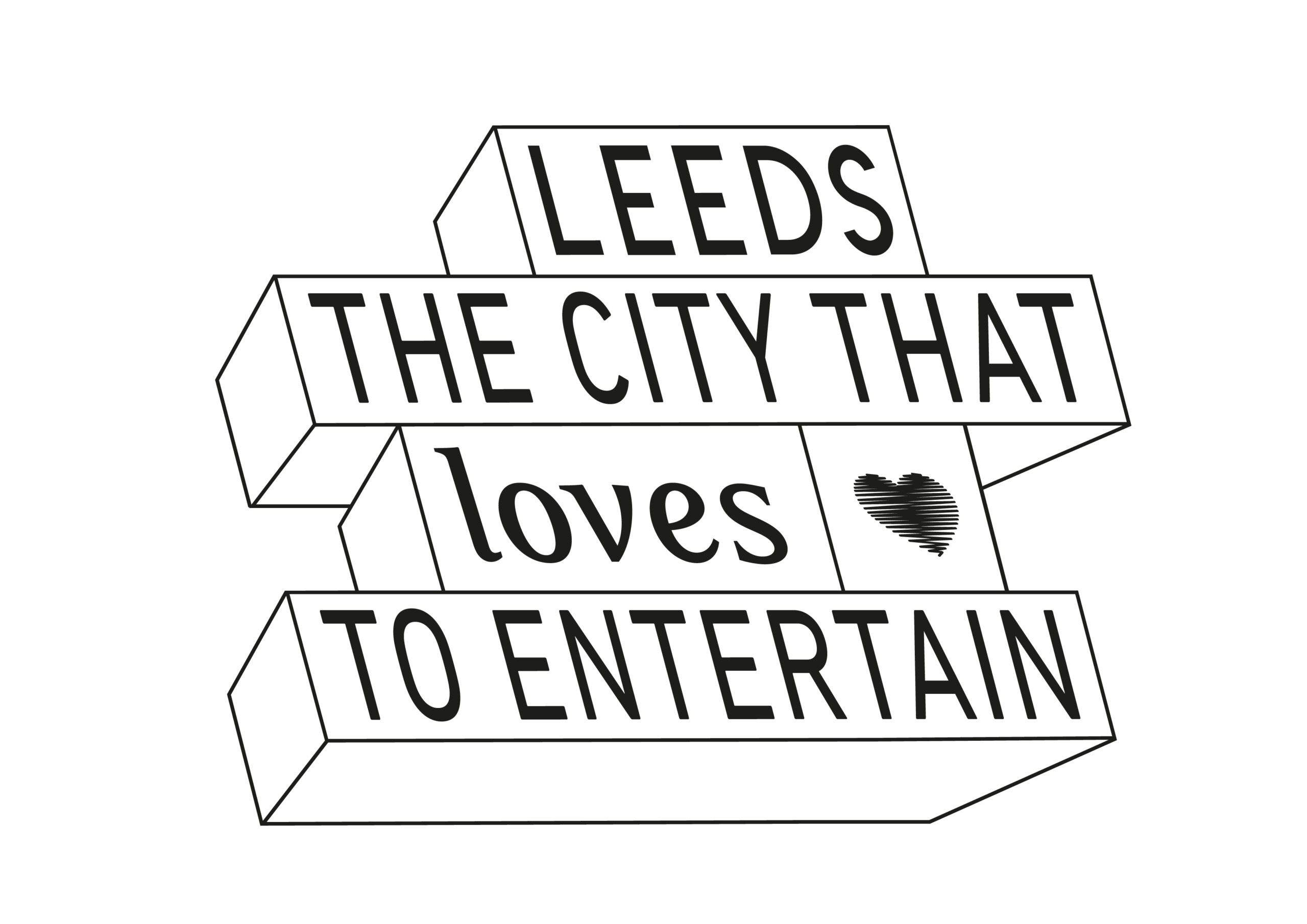 Illustated icon saying Leeds the City that loves to Entertain