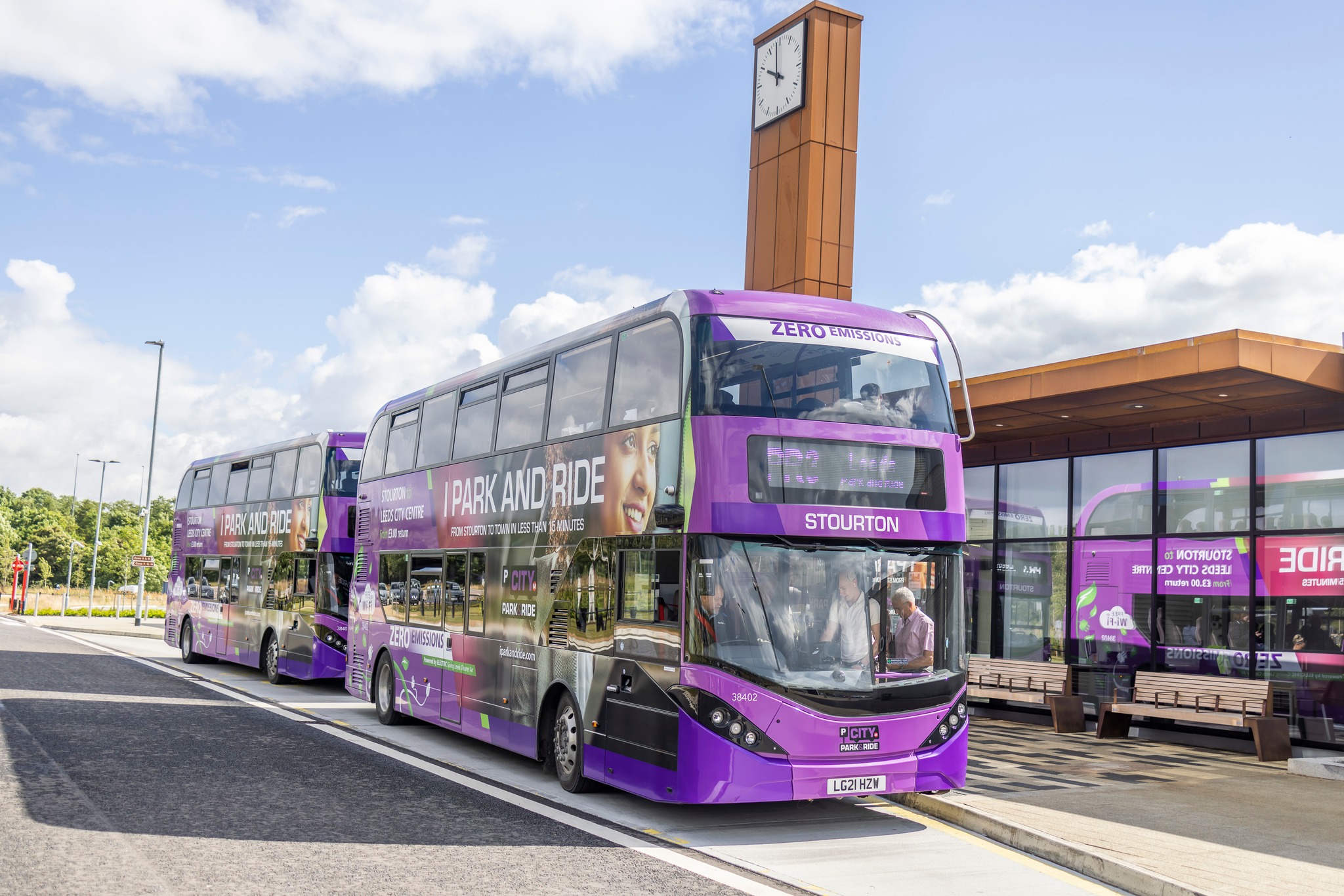 Picture of the Park and Ride purple bus at the bus station
