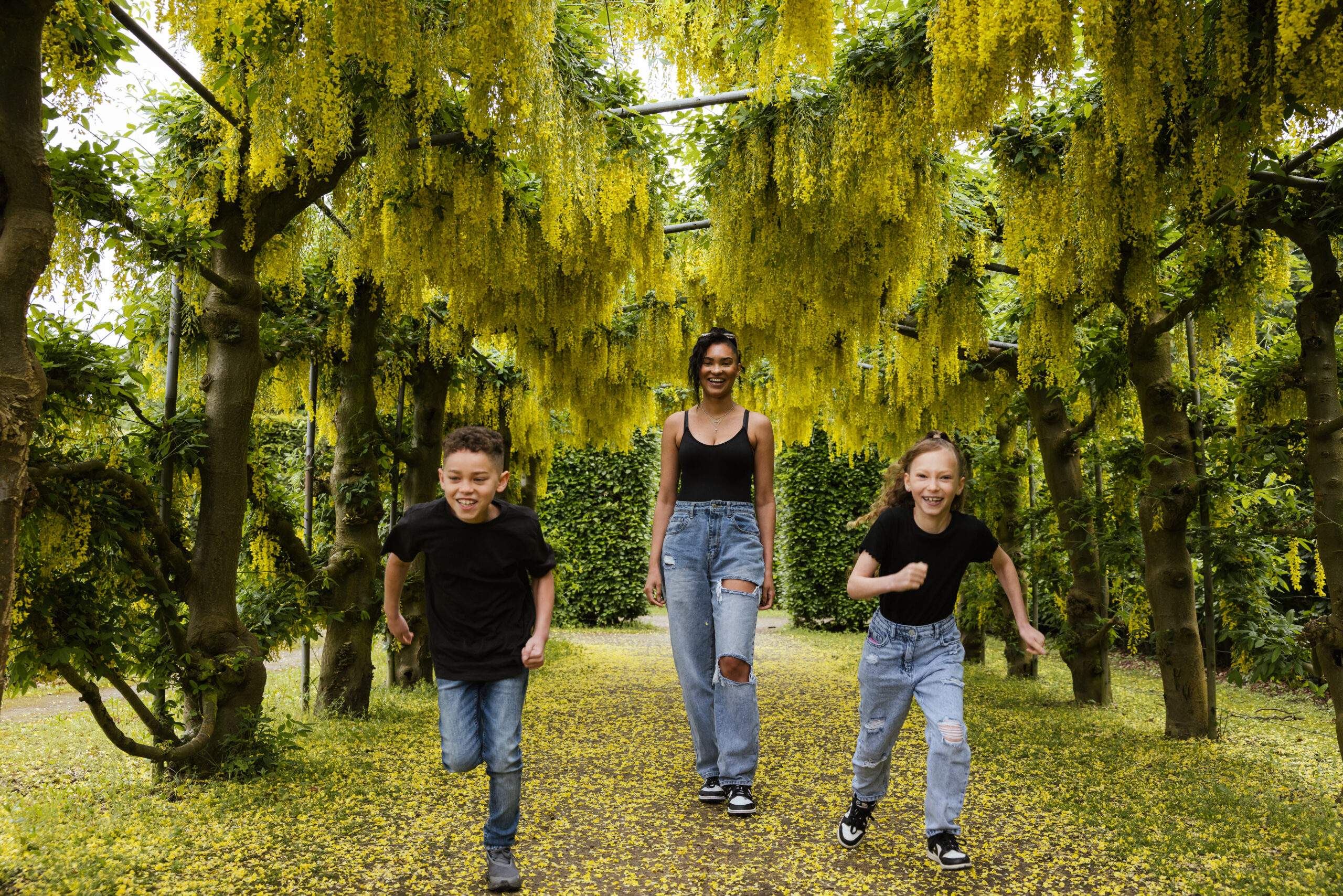 A young family walking through the laburnum at Temple Newsam