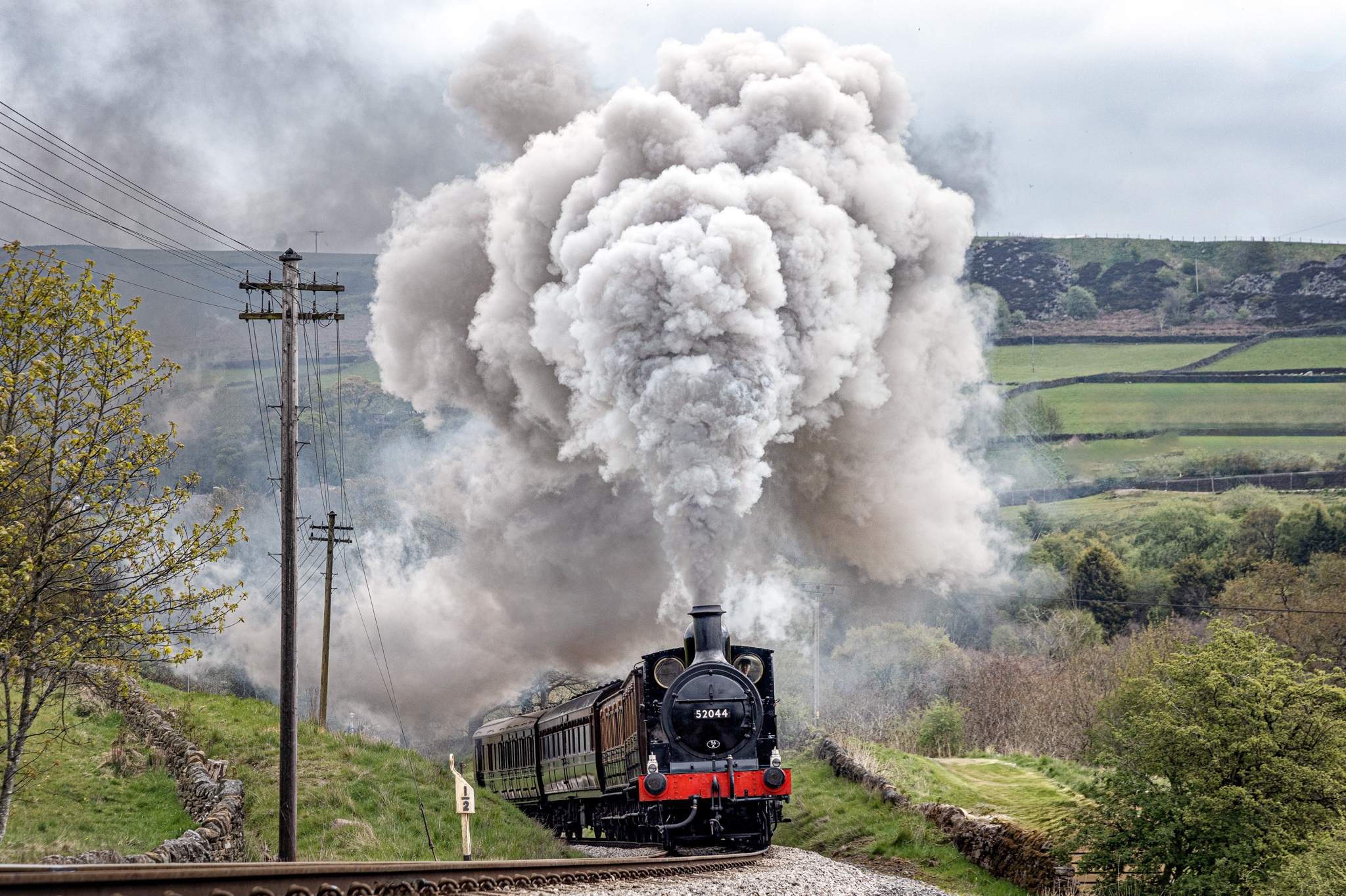 Photograph showing black and red steam train travelling towards camera through countryside, with lots of steam.