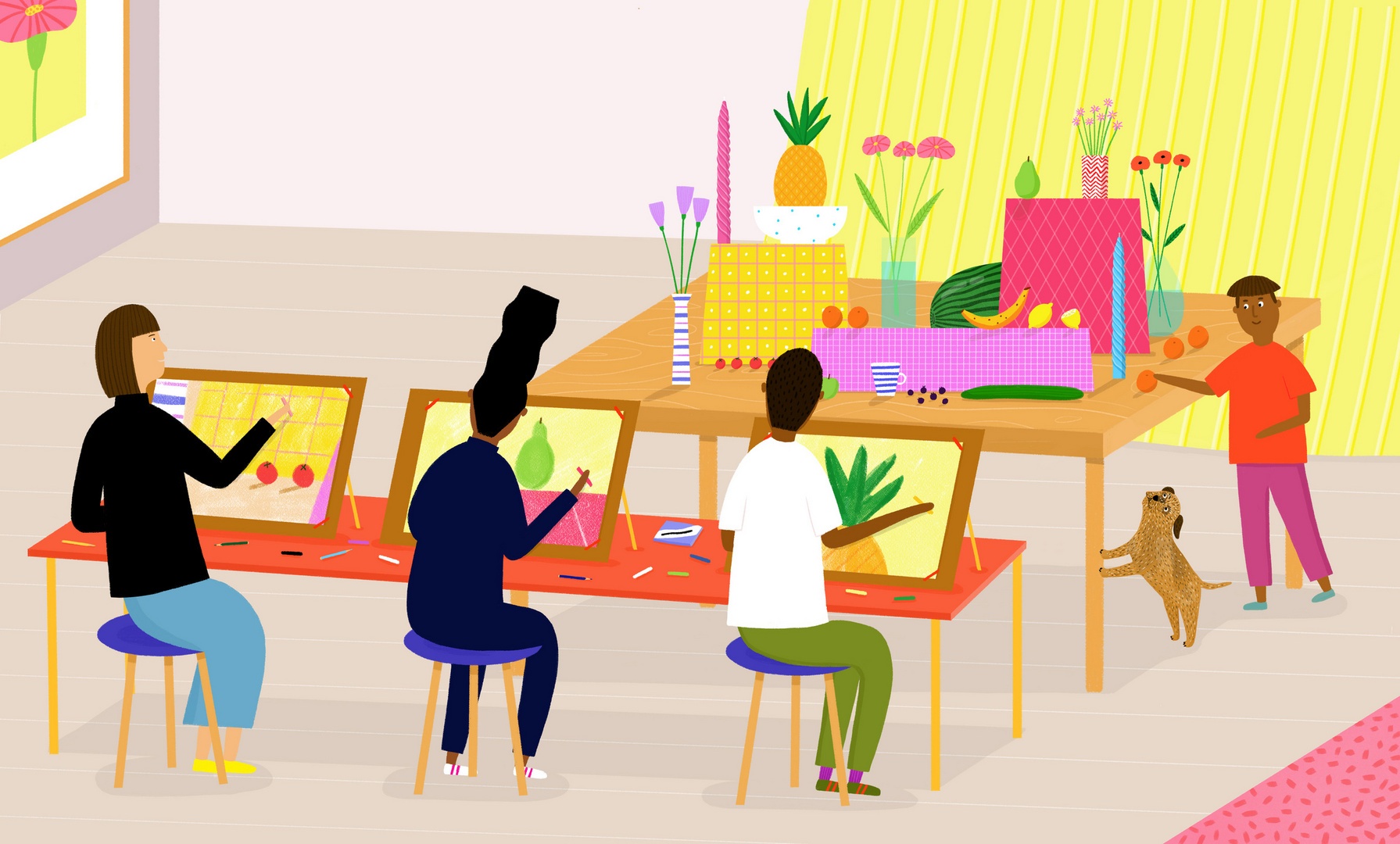 Illustration by Rose Blake, showing three people seated and painting a still life in bright colours, yellow and pink.