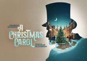 poster for a christmas carol showing a christmas tree in the outline of a man in a tophat