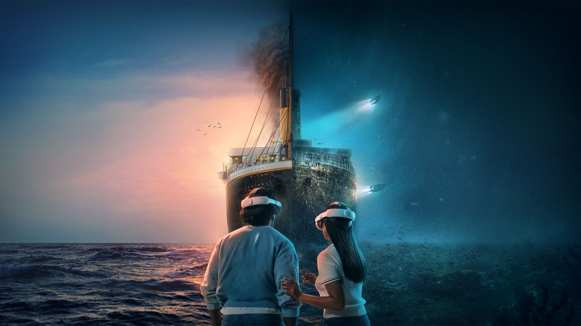 two people with vr headsets on in front of the titanic ship