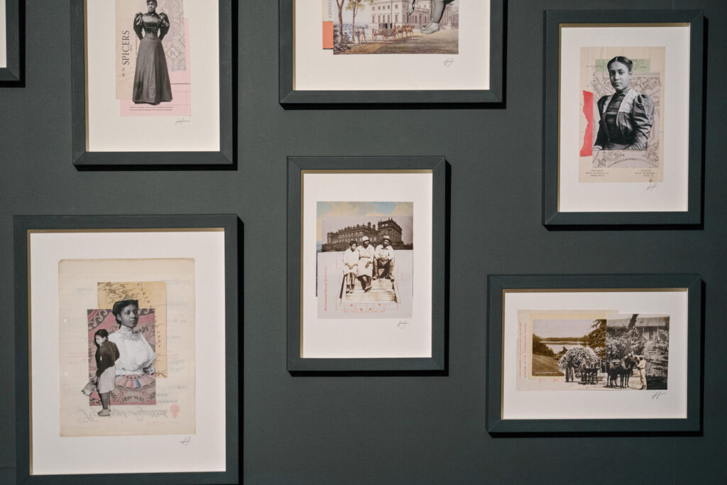 framed pictures on a wall, collages of portraits