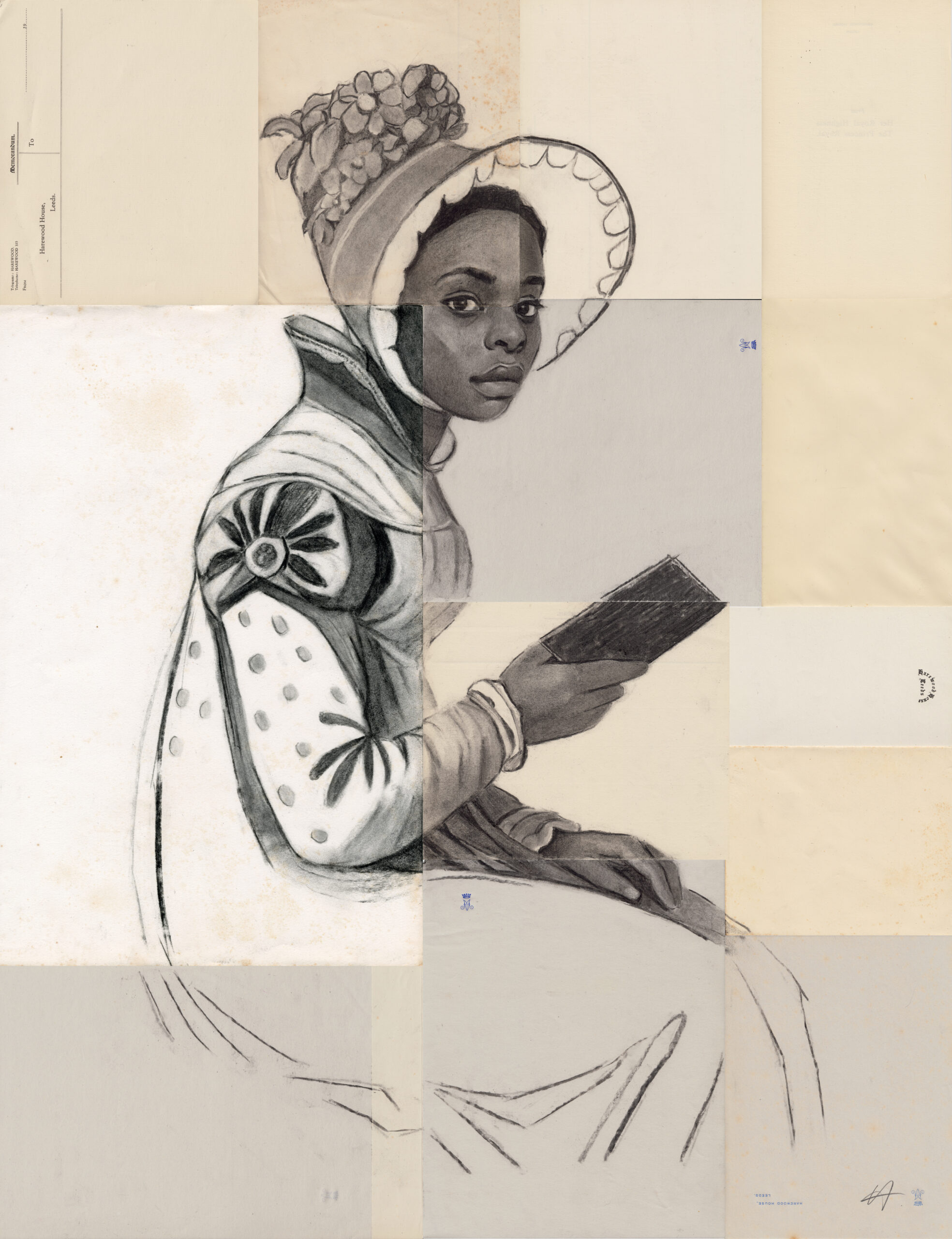 charcoal drawing of a woman in a bonnet