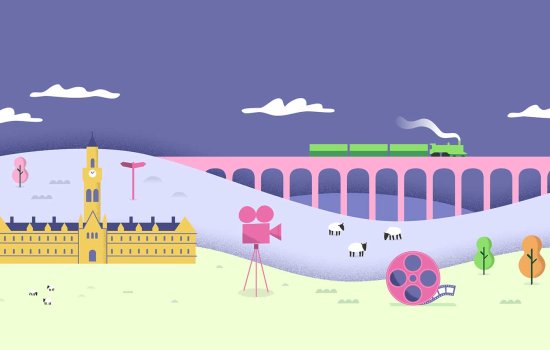 a cartoon abstract style skyline of Bradford with the town hall and a train on a bridge