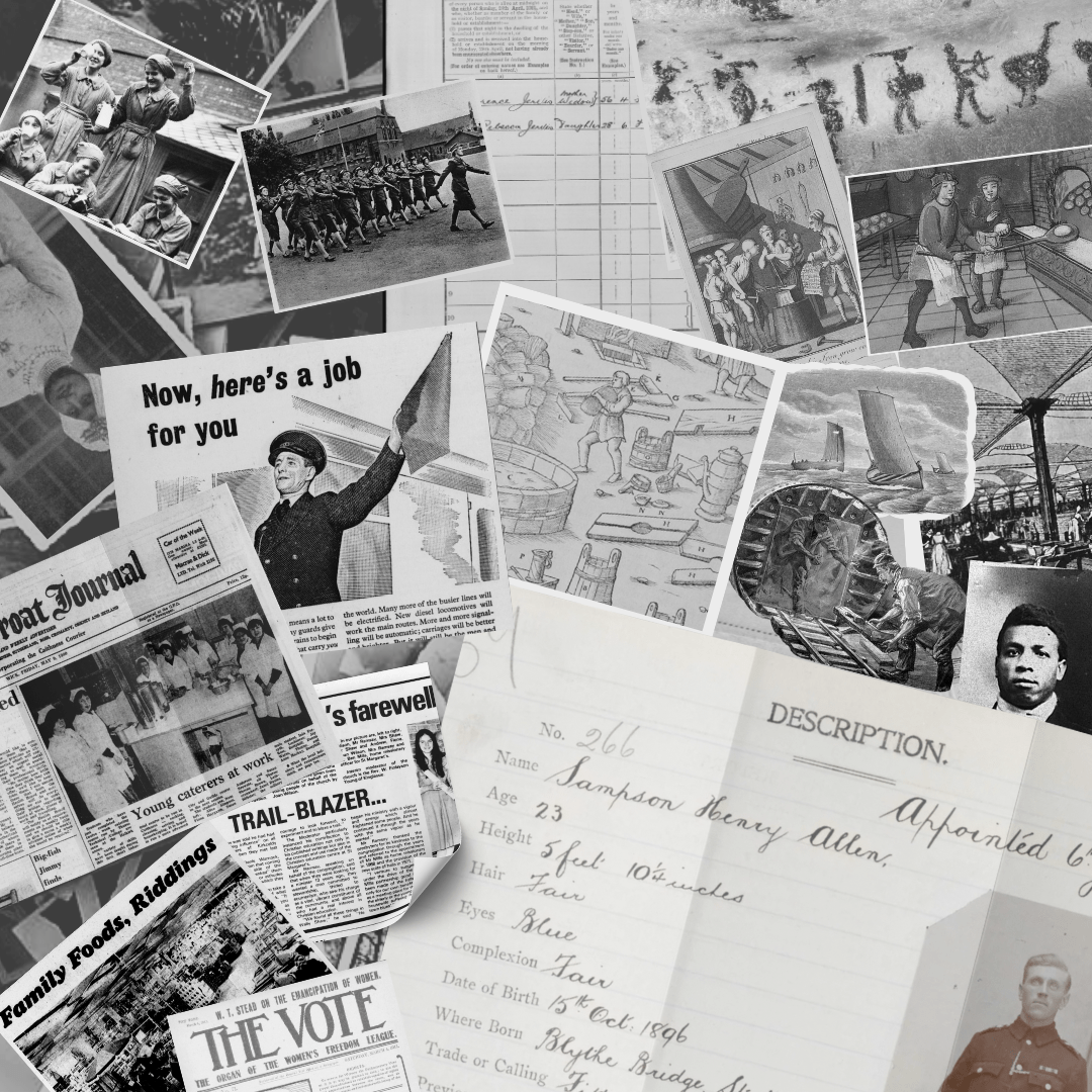 a collage of newspapers, maps, diary entries and photographs
