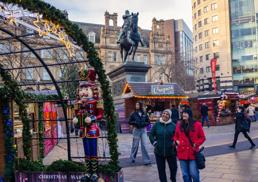 Women looking around the Leeds Christmas Market