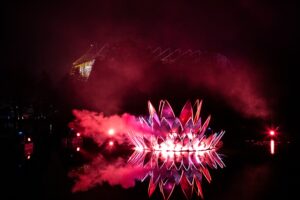 an illuminated lily floating on a lake in the dark
