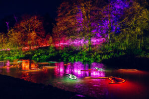 a lake lined by trees with a light show projected on the water