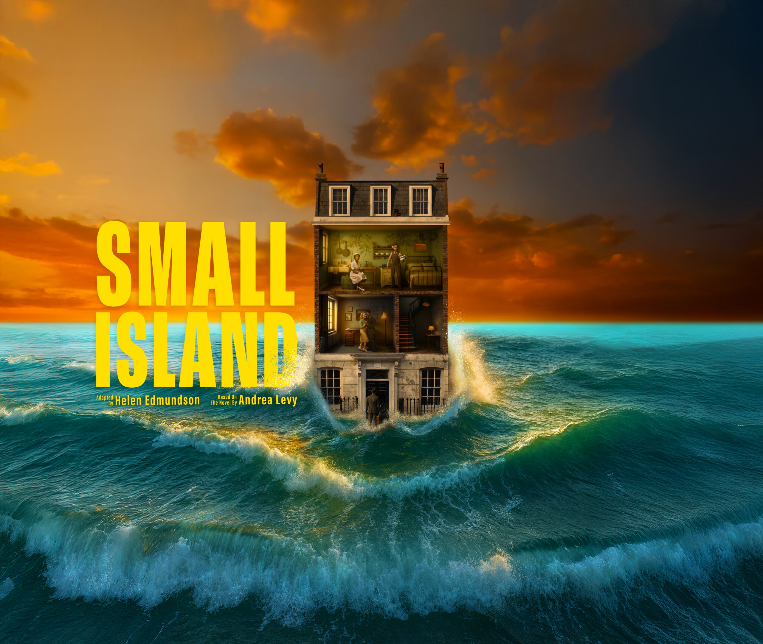 a poster for a show featuring a building being swallowed by the ocean