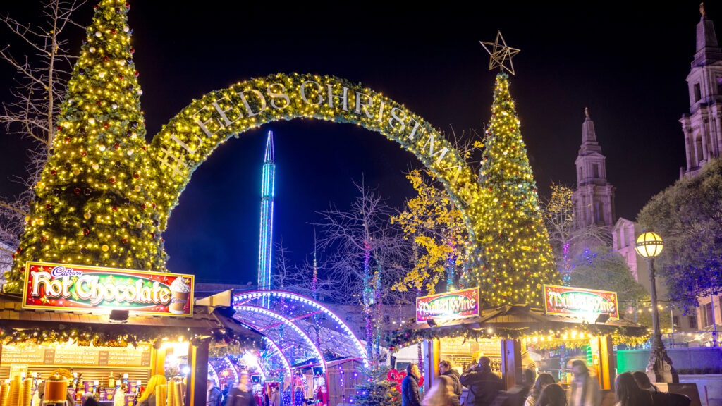 Christmas trees and LeedsChristmas sign covered in lights