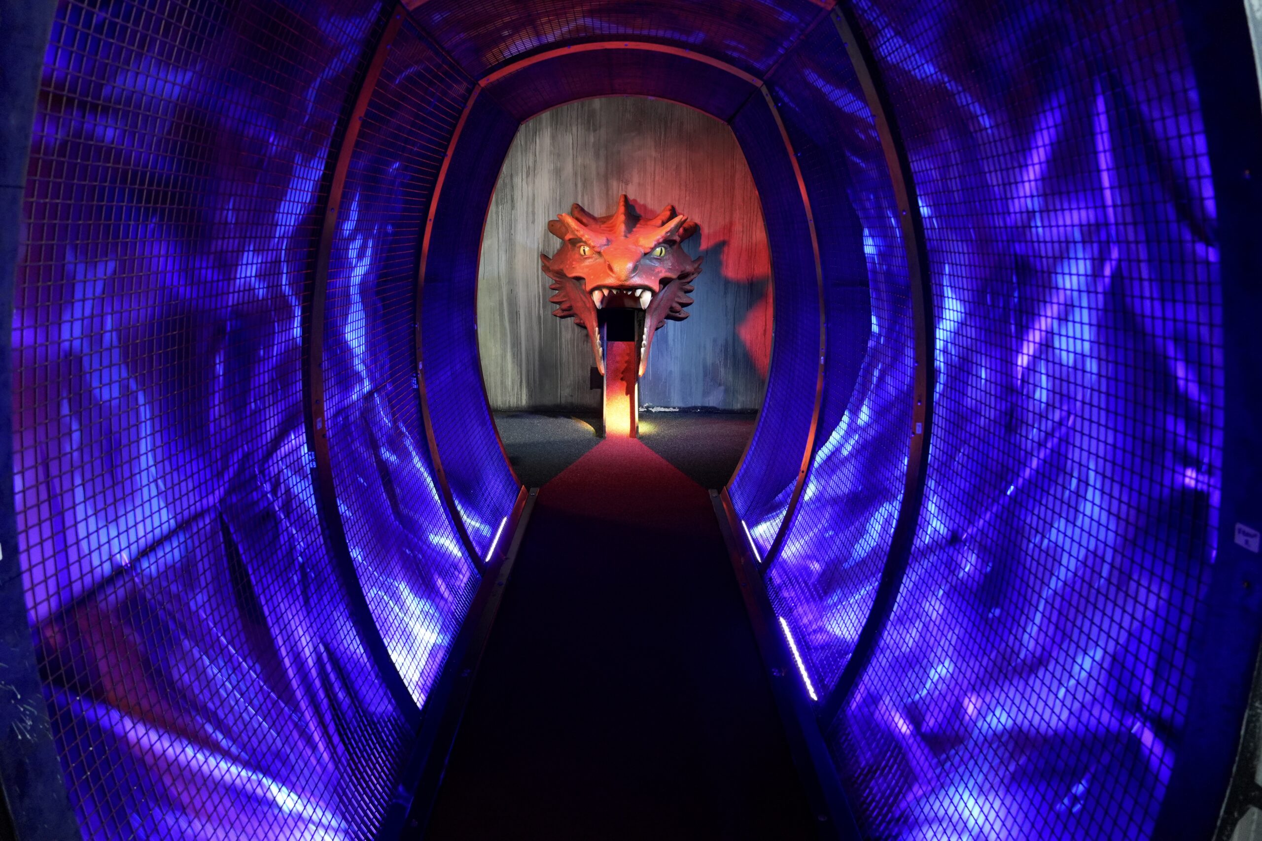 a tunnel with a dragon at the end looking like its breathing fire