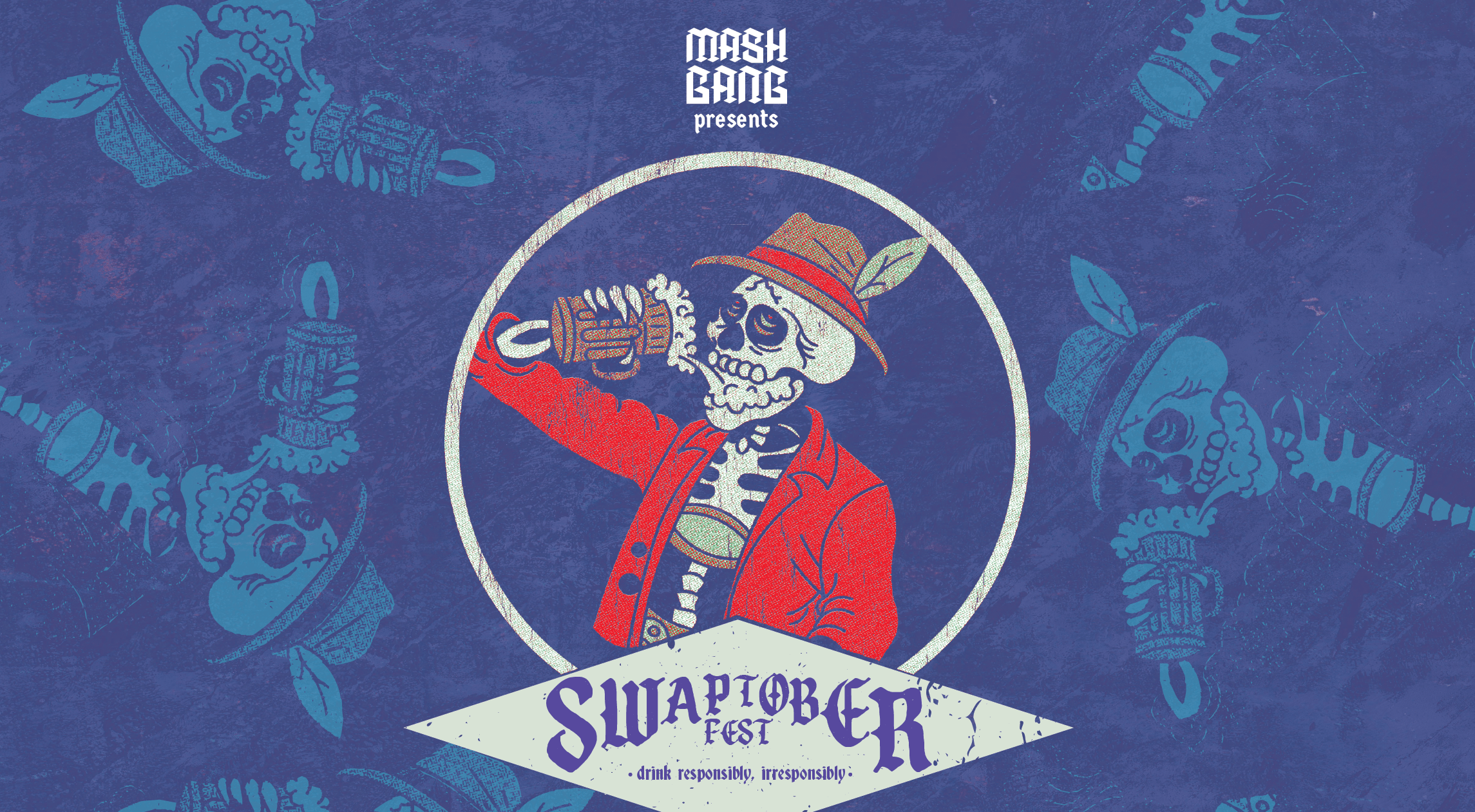 a poster for an event with a skeleton in traditional german clothing drinking a stein