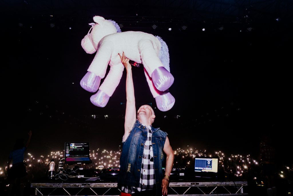 a DJ holding a plush unicorn above his head with a crowd in the background