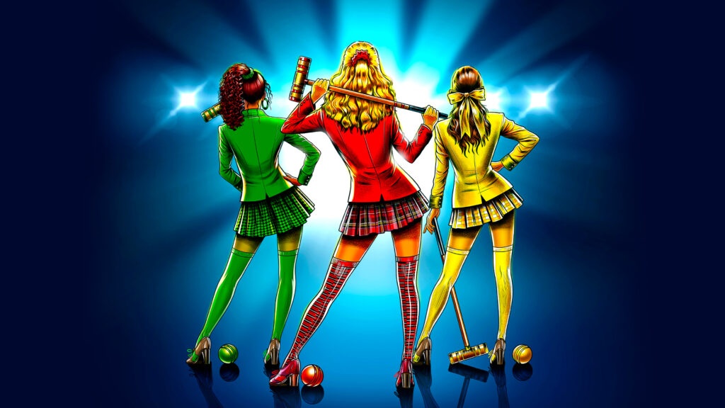 a animated image of three girls in suits and heels holding croquet mallets