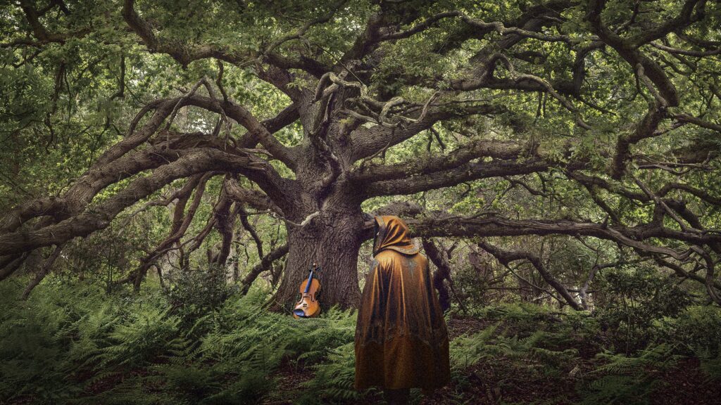 a person stood in front of a large oak tree