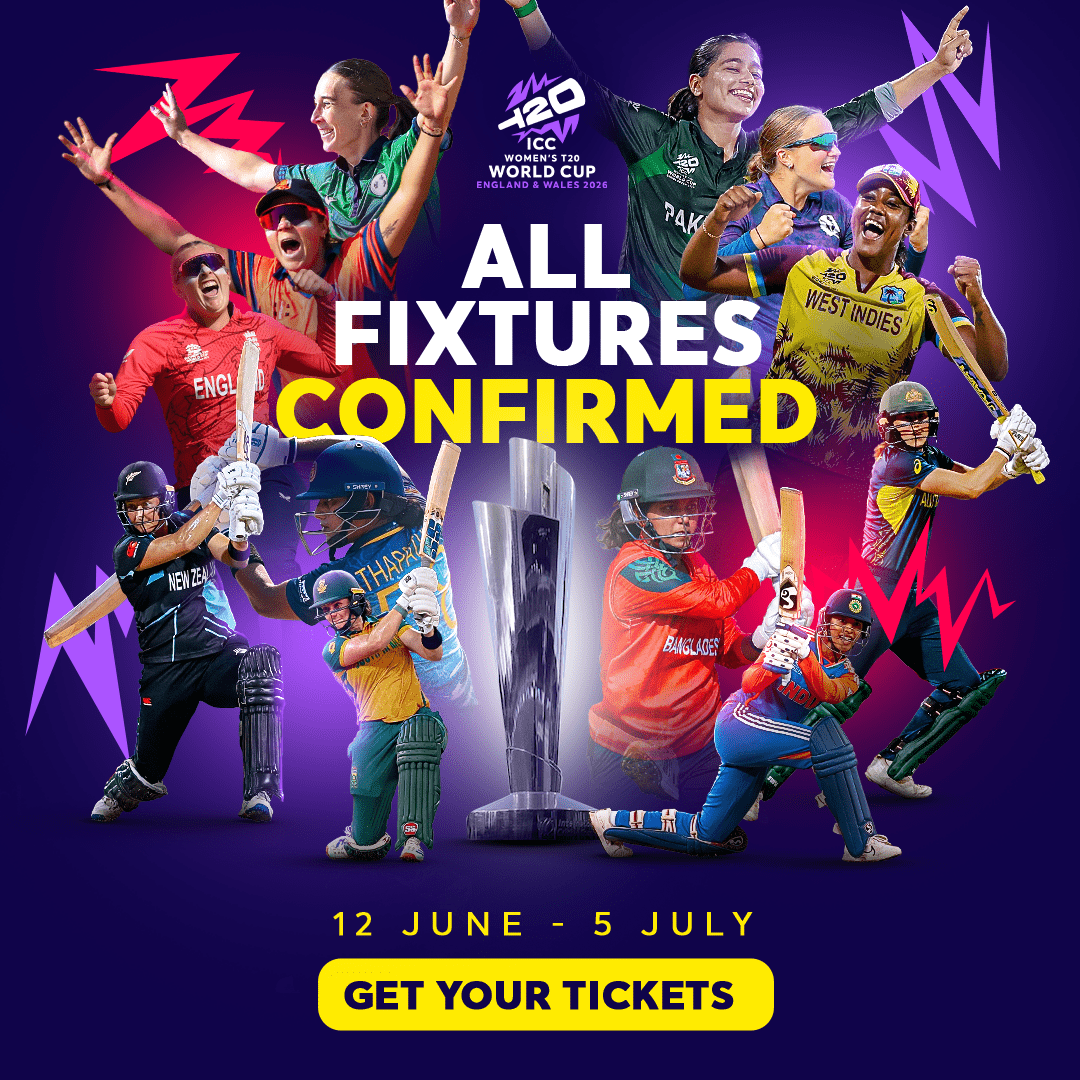 Branded poster featuring international women cricket players with text that says 'All Fixtures Confirmed'