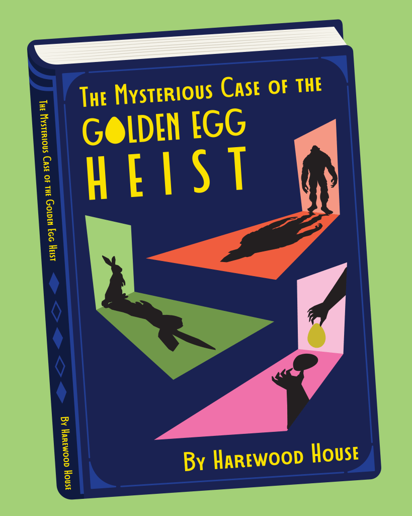 a book that says the mysterious case of the golden egg heist with shadows of animals in doorways
