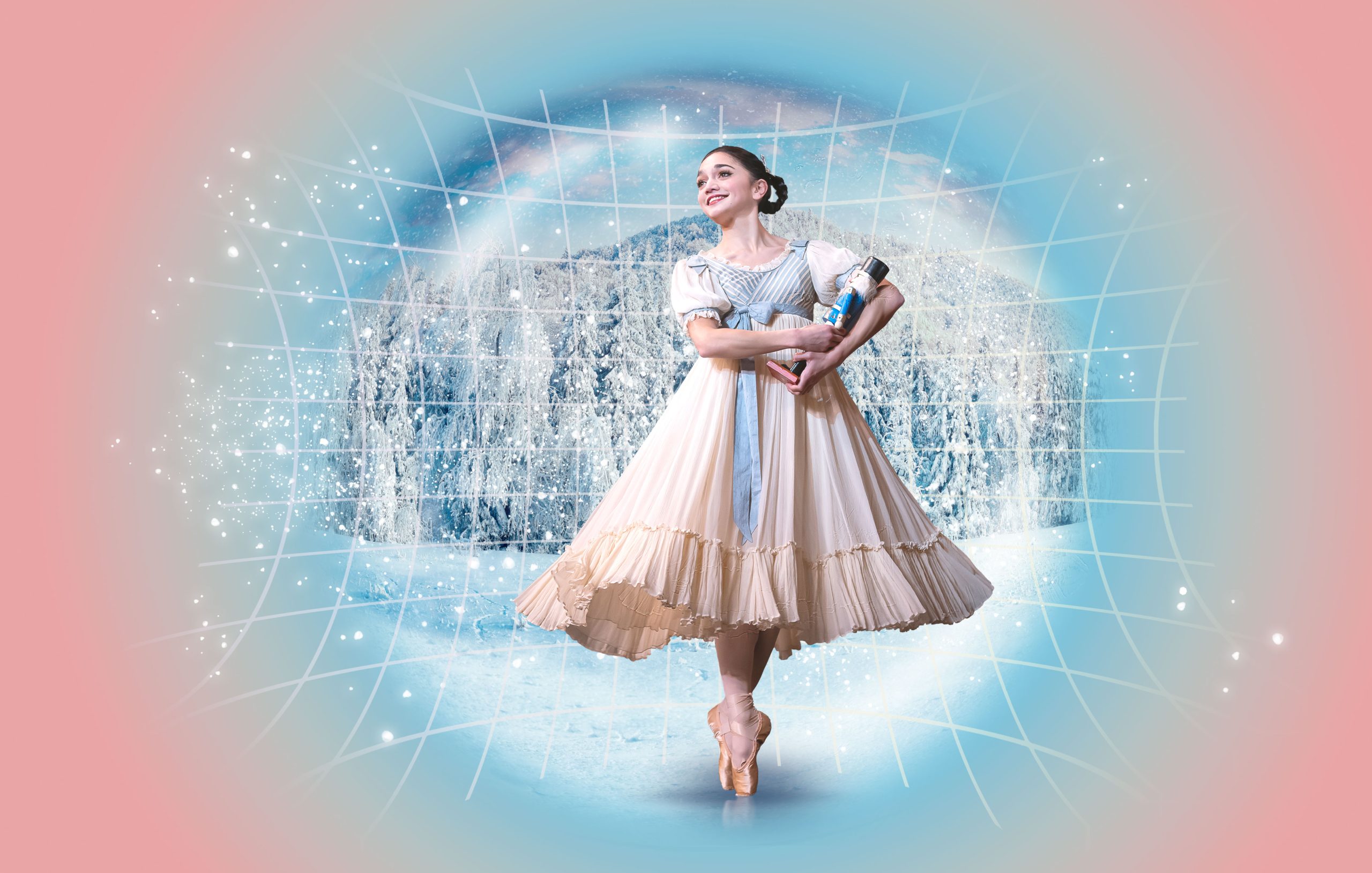 a young girl holding a doll posing in a snowy landscape