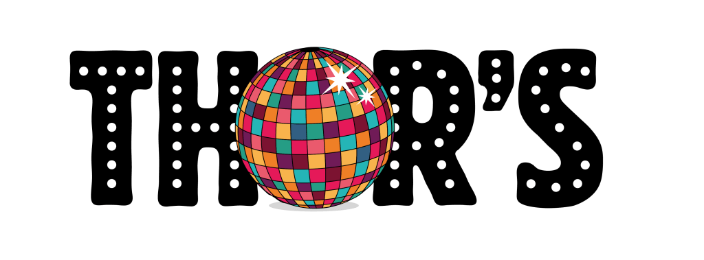 the logo for Thor's, the word thor's with the O being a disco ball