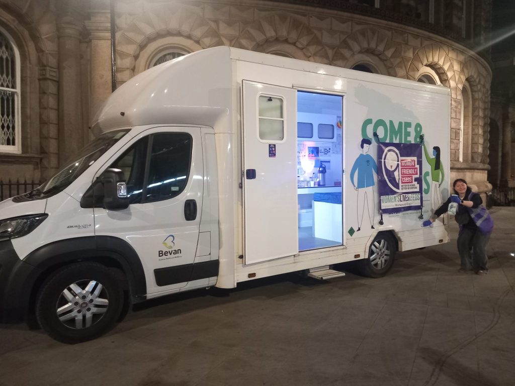 The Women's Night Safe Bus parked outside Leeds Corn Exchange