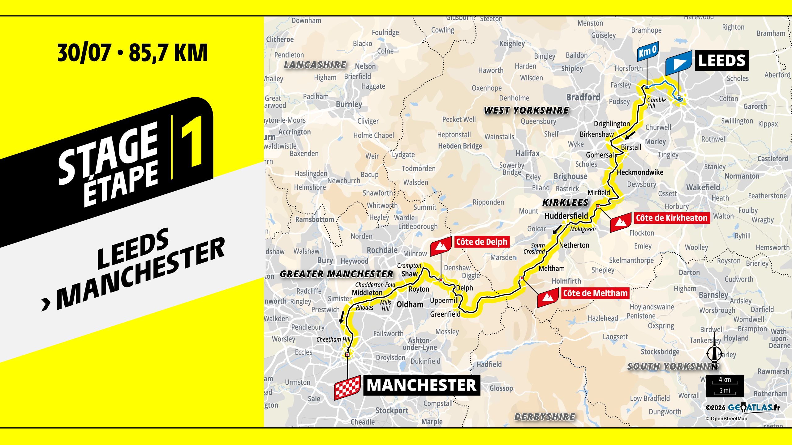 a map showing the route of the tour de france grand depart from leeds to manchester
