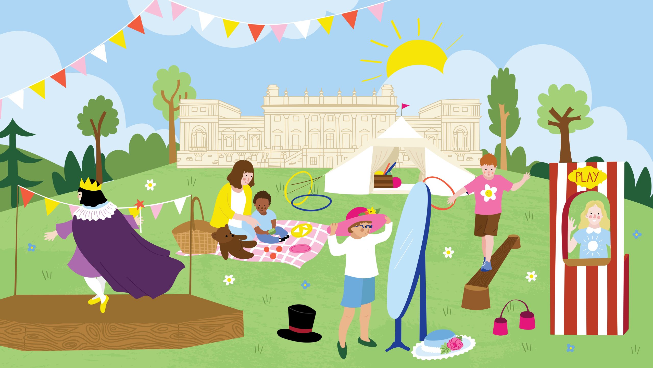 an illustrated version of Harewood House, a large stately home, with people and children playing with a variety of things in front including playground equipment and dressup