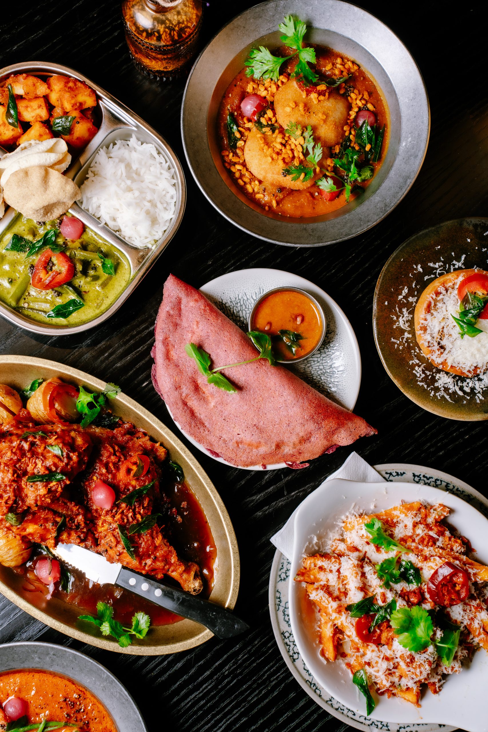 a top down view of various plates of food
