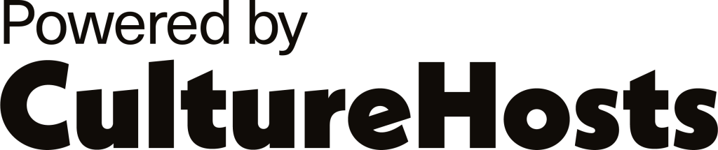 Culture Hosts Logo, black on white, says 'Powered by CultureHosts'