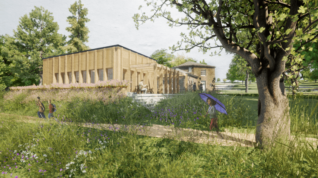 a digital plan featuring a simple building and people walking in front between flowers and trees
