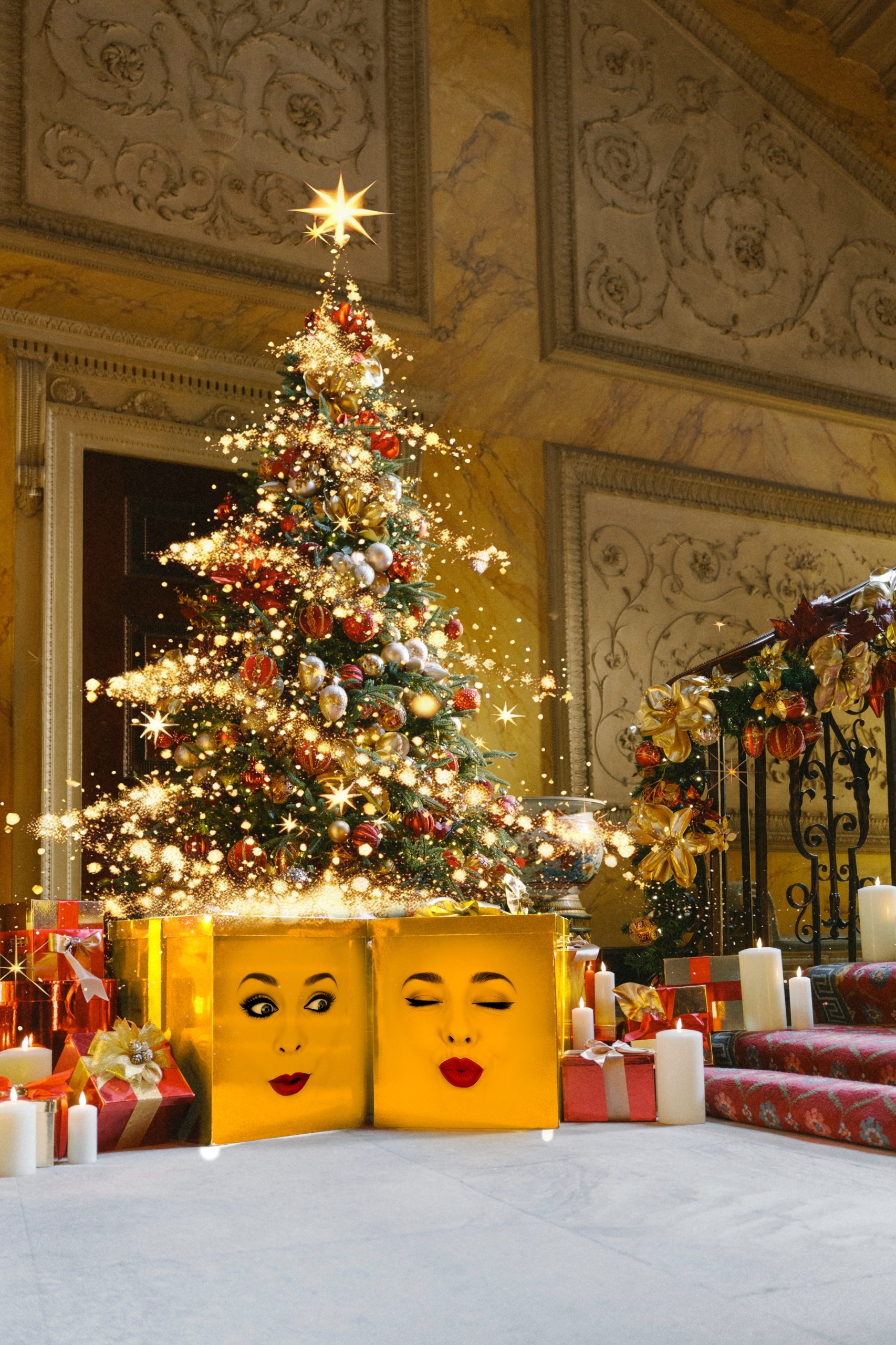 a christmas tree with gold gift boxes in front with faces on them, next to an orante staircase
