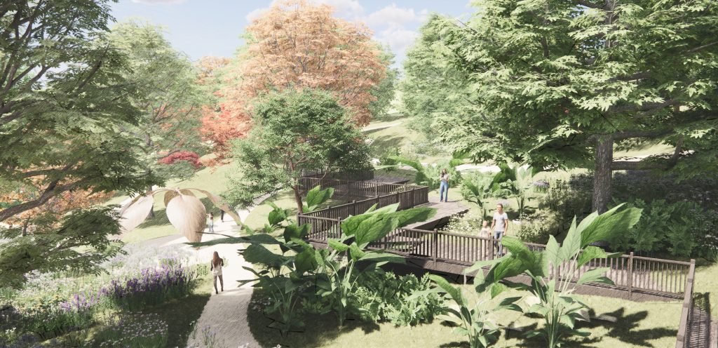 a digital image plan of a garden with wooden walkways and greenery