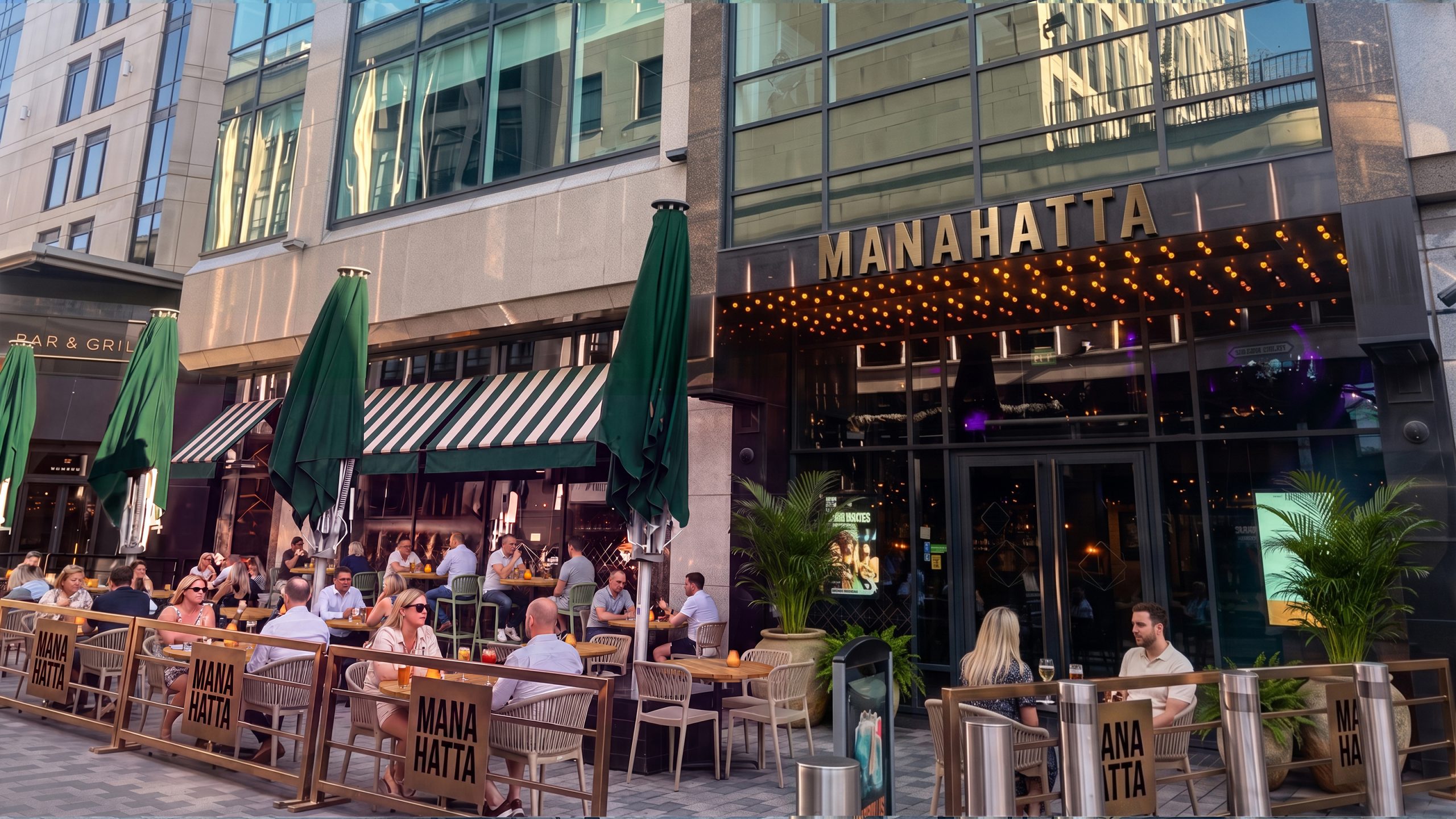 the exterior of a bar with tables and chairs and people sitting and standing around