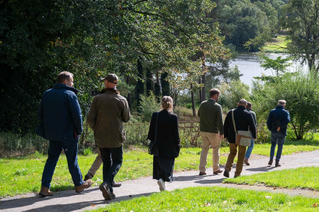 an outdoor garden with a group of people walking together down a stone path