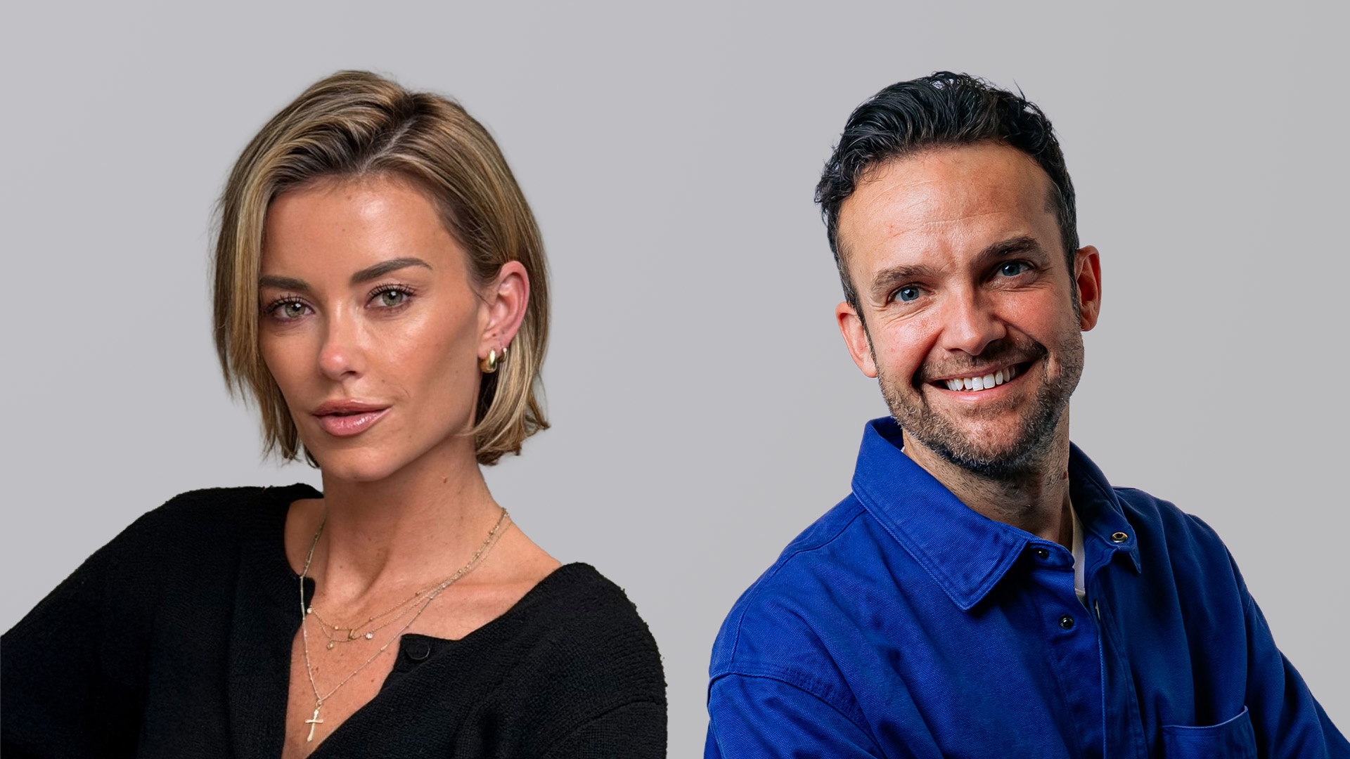 two people with a plain background looking at the camera