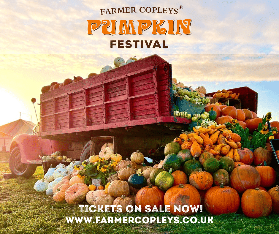 a poster showcasing a large amount of pumpkins spilling out of the back of a truck