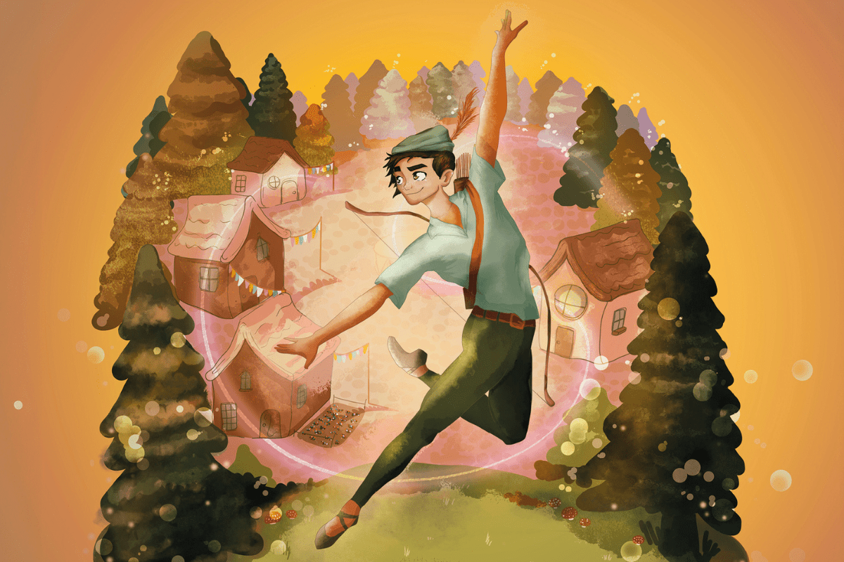 an illustration of a character in all green jumping up with a small woodland village behind