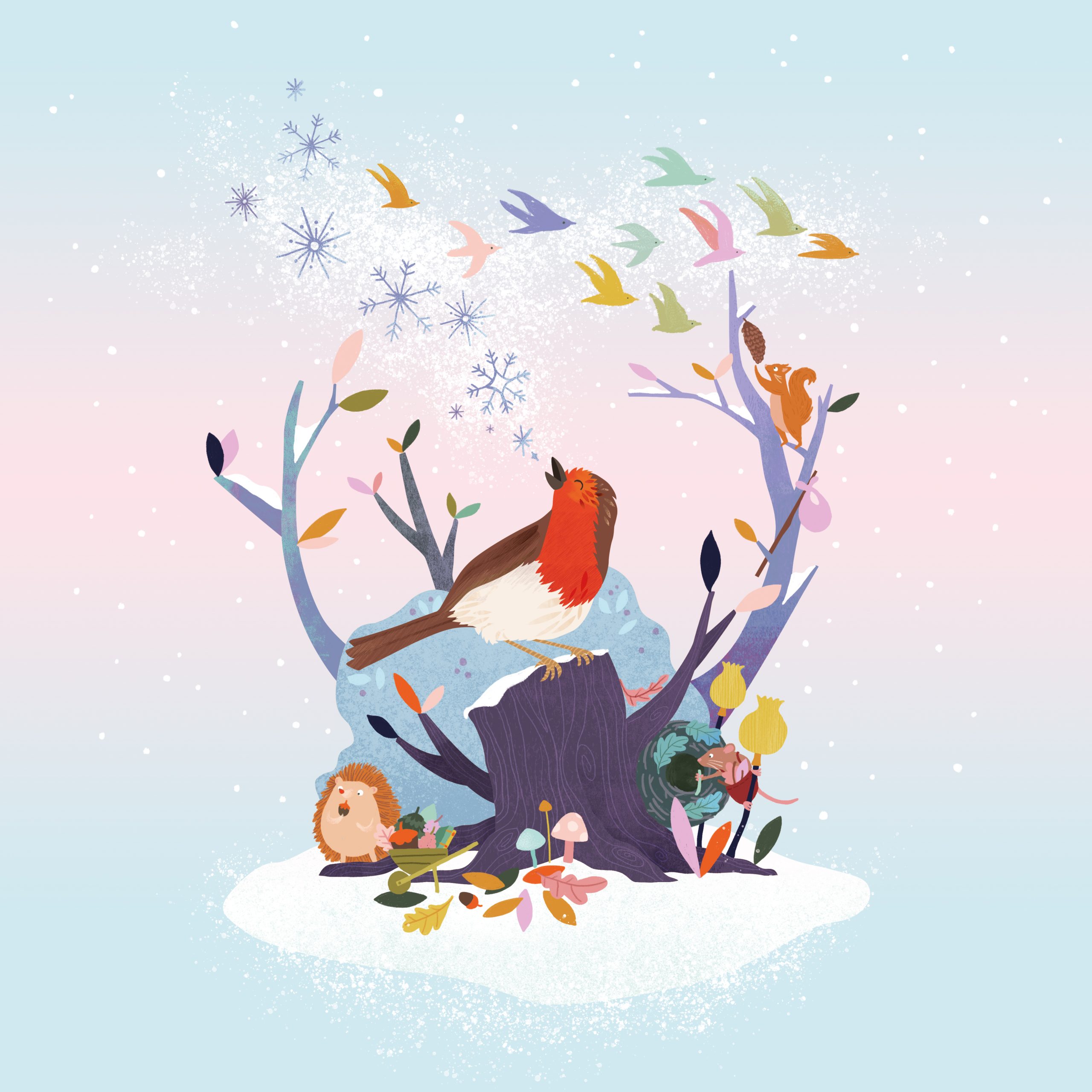 an illustration of a robin in a tree stump with colourful leaves and snowflakes around it